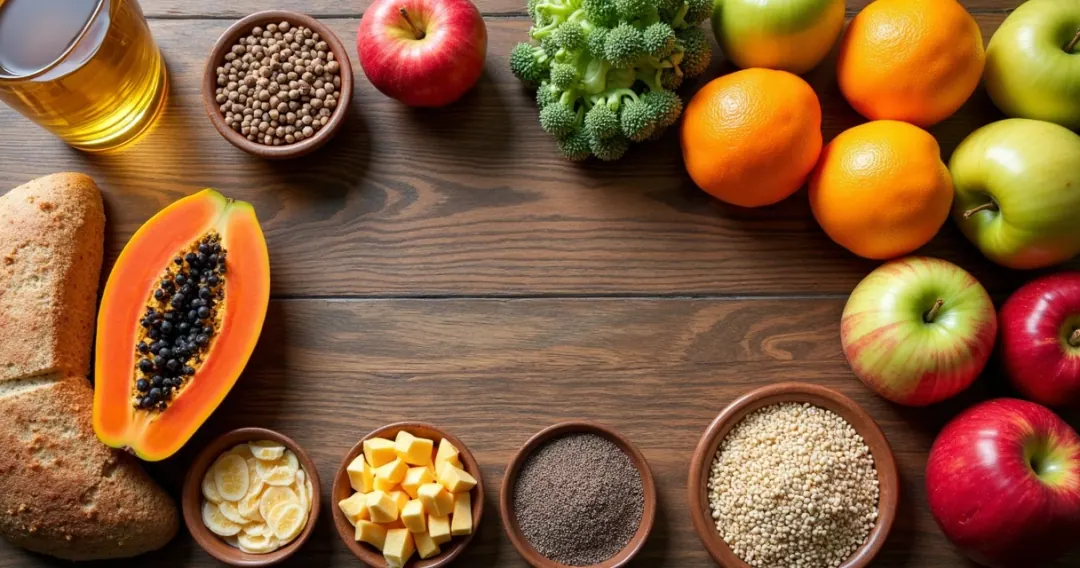 Frutas, sementes e água em cima da mesa, sugerindo alimentação rica em fibras