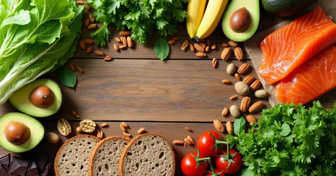Mesa colorida com variedade de alimentos saudáveis para ansiedade