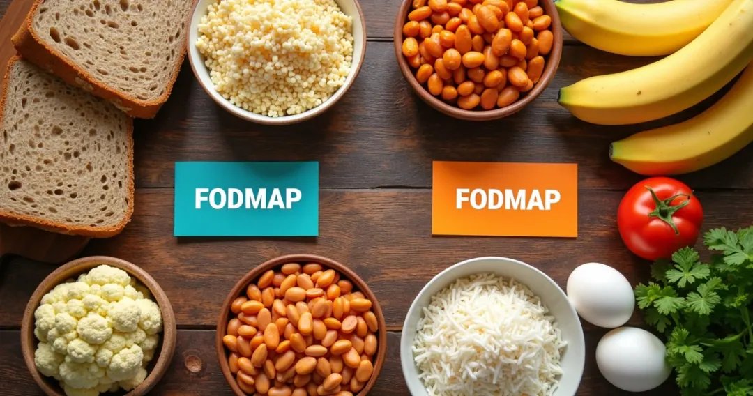 Vários alimentos ricos e pobres em FODMAPs sobre uma mesa de madeira, com etiquetas coloridas identificando-os.