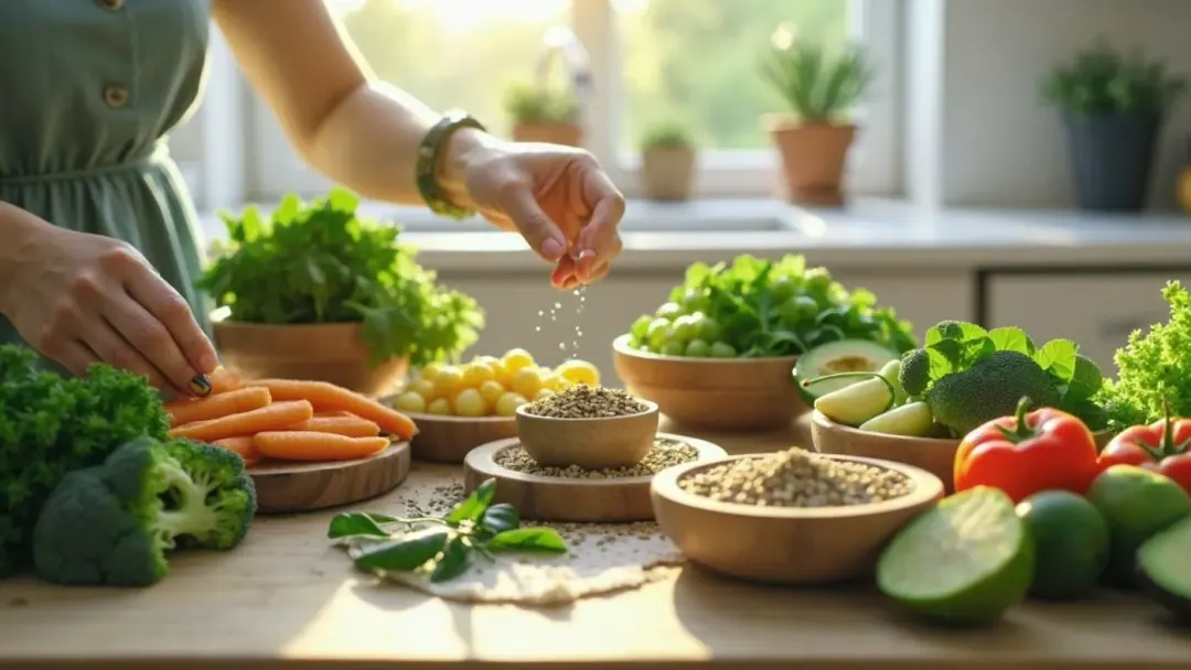 Alimentos frescos coloridos sobre superfície clara
