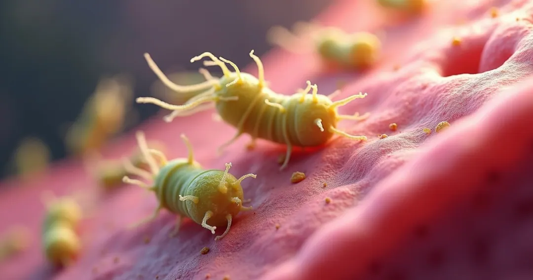 Ilustração bacteria H.pylori próxima da parede do estômago 