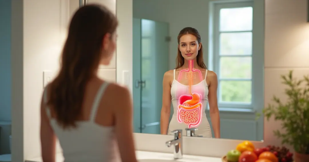 Mulher olhando no espelho com ilustração dos órgãos digestivos e sistema hormonal sobrepostos