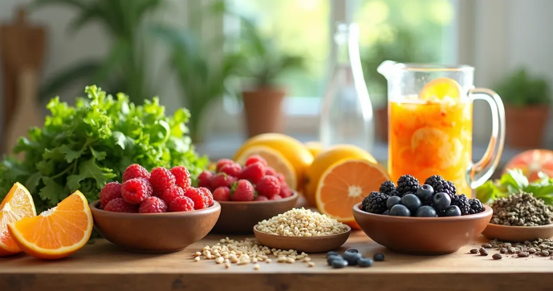 Alimentos naturais frescos e coloridos em uma mesa de madeira para detox intestinal saudável