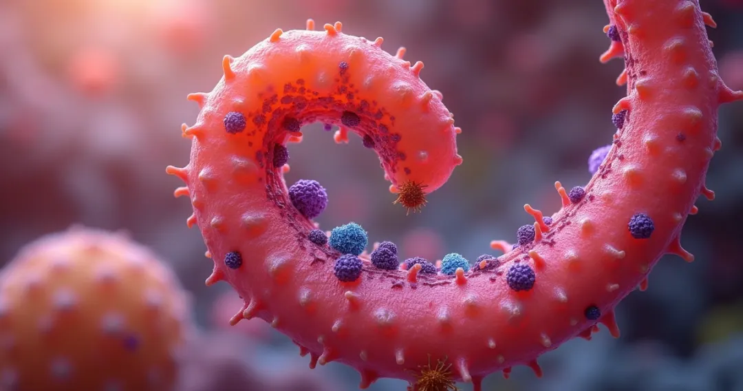 Representação realista da microbiota intestinal colorida dentro do intestino humano aberto mostrando bactérias diversas e conexão com emagrecimento