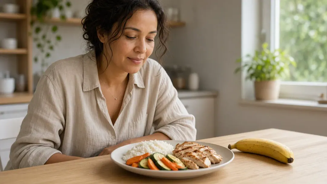 Mulher brasileira à mesa com prato leve de arroz, frango e legumes cozidos