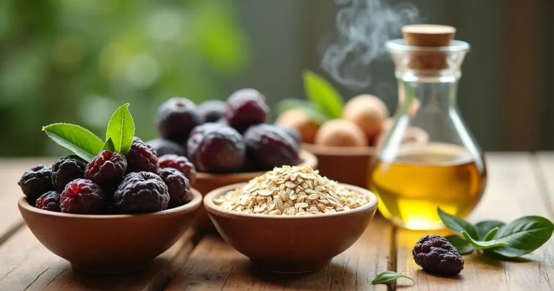 Ingredientes naturais para saúde intestinal em tigelas na mesa, incluindo ameixas, farelo de aveia, óleo mineral e folhas verdes