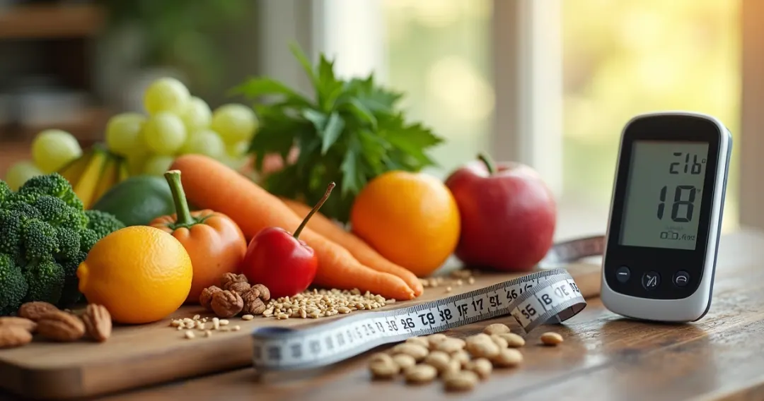 Alimentos saudáveis dispostos em mesa com frutas, vegetais e grãos integrais ao lado de uma fita métrica e um monitor de glicose