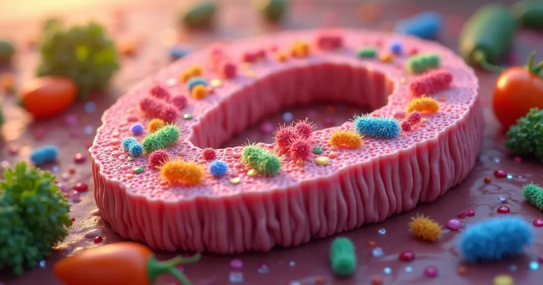 Representação detalhada do intestino humano destacando microbiota e funcionamento
