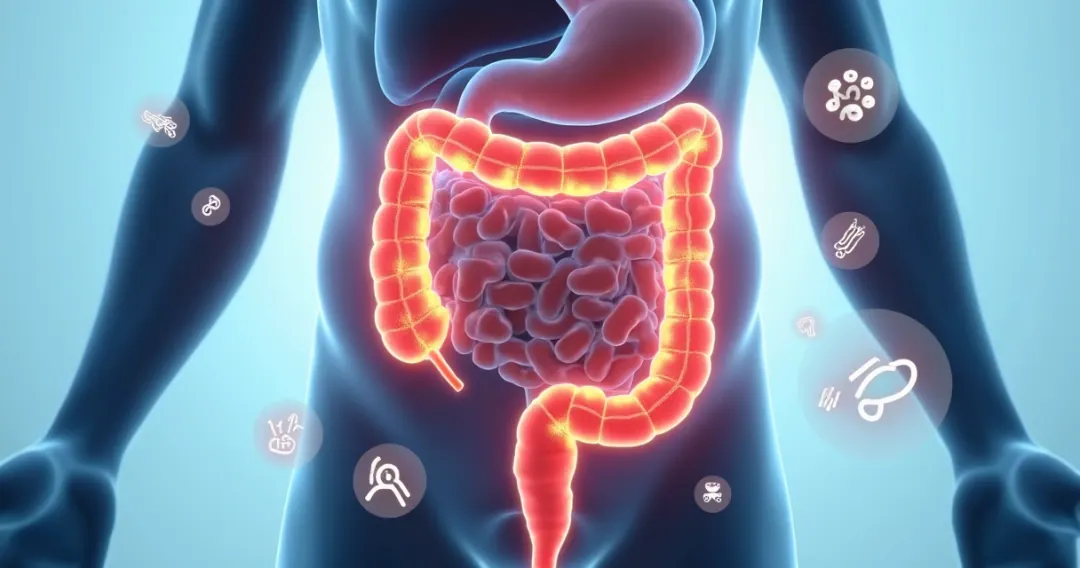 Representação detalhada do intestino delgado com destaque para desequilíbrio da microbiota e sintomas de SIBO