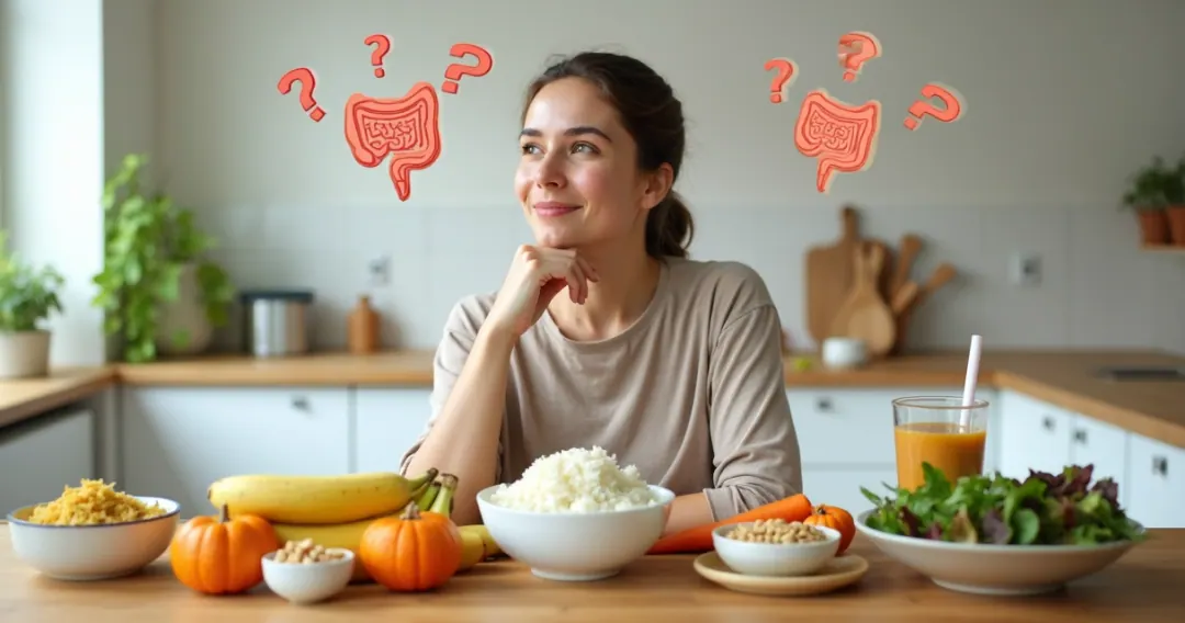 Mulher com intestino sensível escolhendo alimentos saudáveis com dúvida