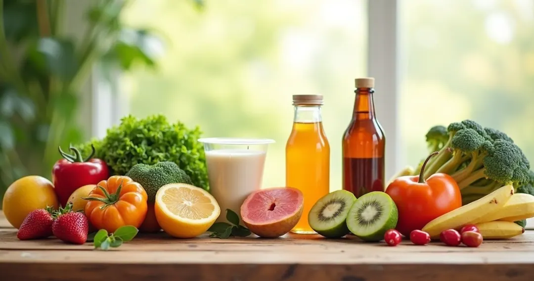Mesa com alimentos ricos em fibras, frutas, probióticos naturais e frascos de suplementos para saúde intestinal