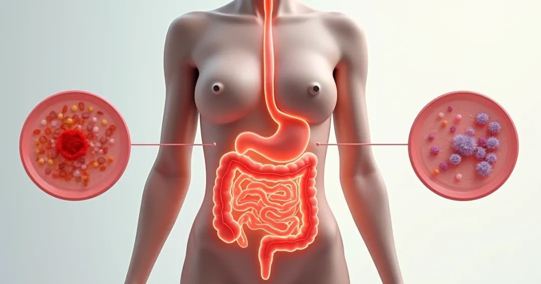 Ilustração do intestino humano com destaque para a barreira intestinal