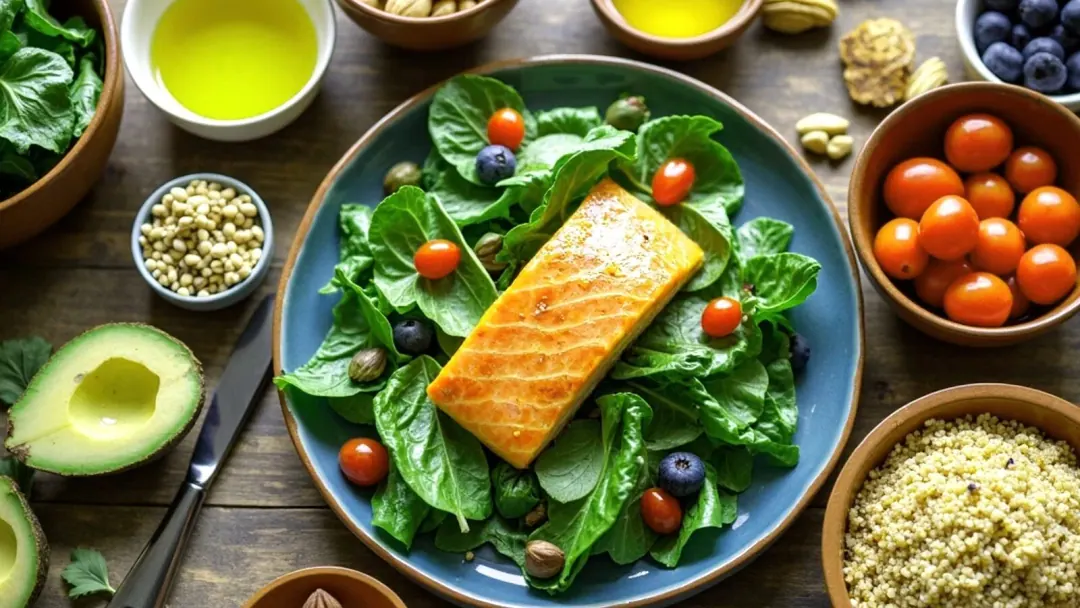 Mesa com refeições coloridas e alimentos frescos sob luz natural