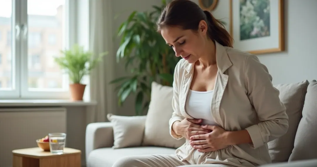 Mulher segurando a barriga com expressão de desconforto abdominal causado por estufamento