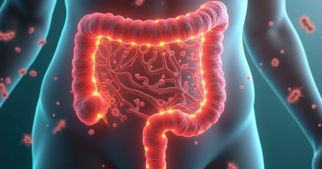 Representação detalhada do intestino delgado com ilustração do supercrescimento fúngico e desequilíbrio da microbiota intestinal