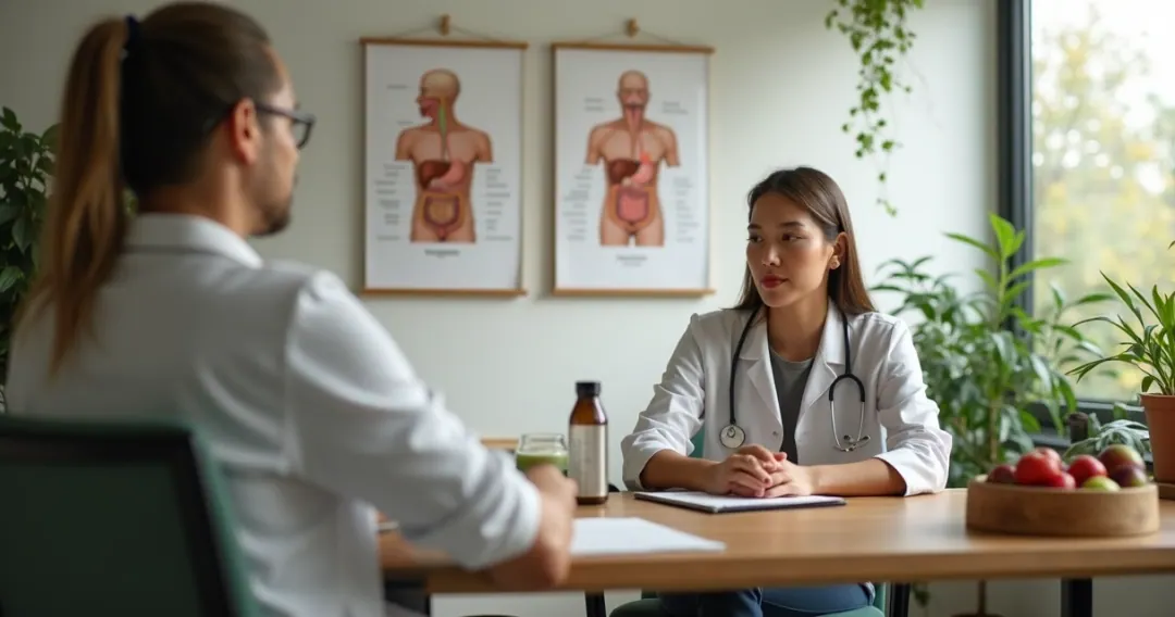 Nutricionista conversando com paciente em consultório moderno