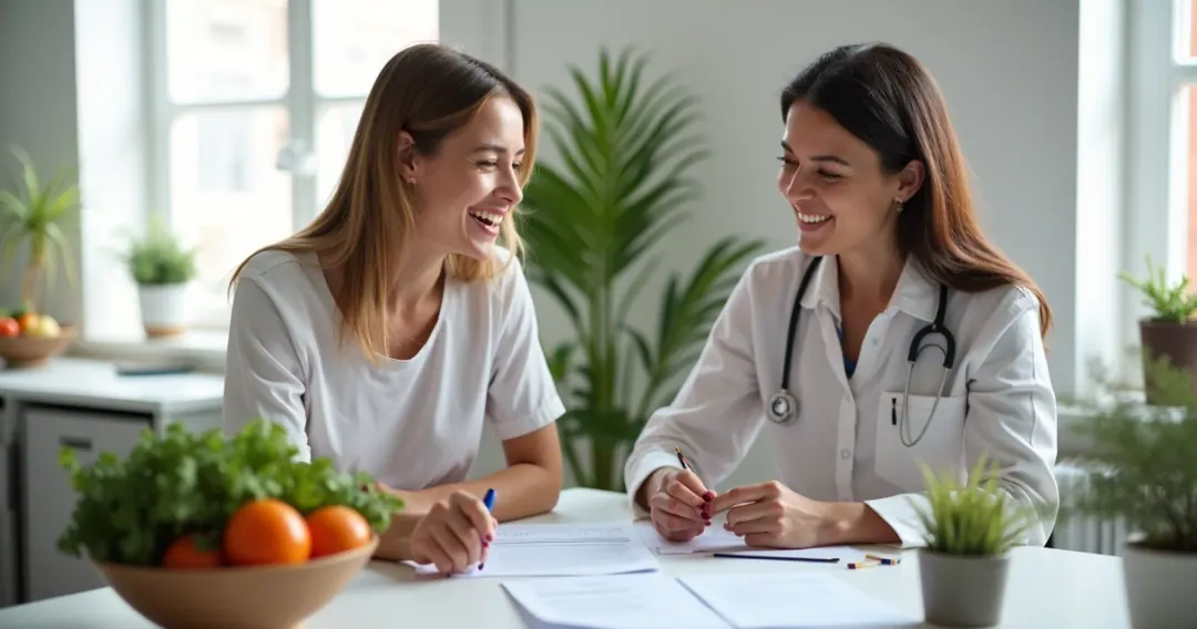Pessoa em consulta com nutricionista, apontando plano alimentar em uma mesa clara, ambiente calmo 