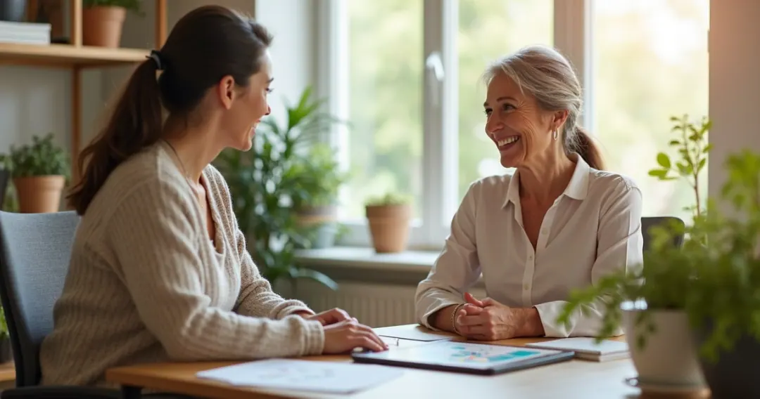 Nutricionista conversa com mulher madura em ambiente acolhedor 