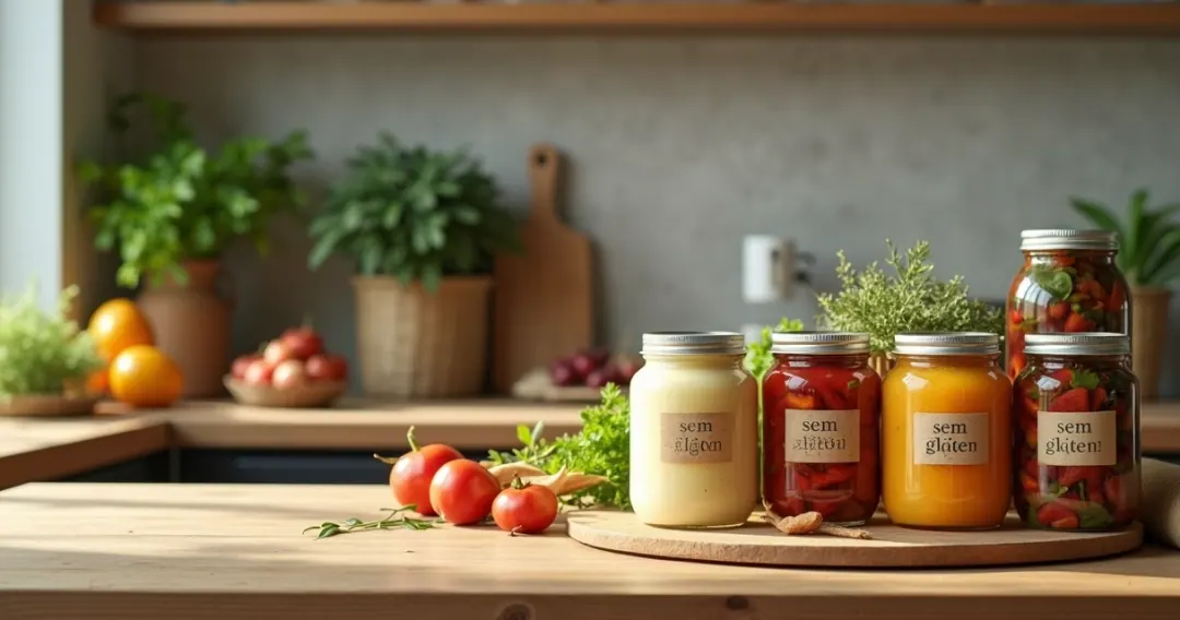 Cozinha caseira com alimentos rotulados sem glúten em destaque sobre a mesa