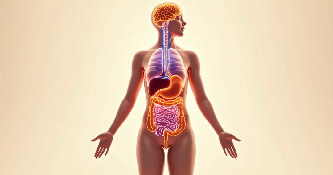 Ilustração anatômica do intestino de uma mulher, com destaque para o eixo cérebro-intestino.