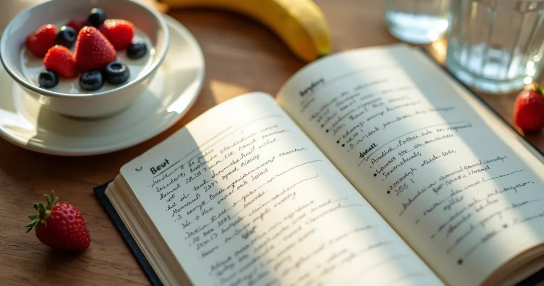 Diário alimentar manuscrito ao lado de uma mesa de café da manhã saudável com frutas e iogurte