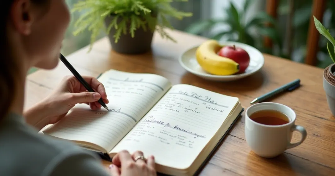 Caderno aberto e mulher escrevendo um diário alimentar 