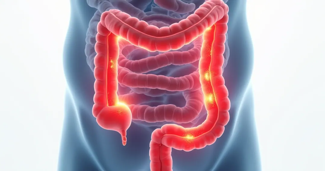 Ilustração de um intestino humano com áreas destacadas em vermelho indicando inflamação 