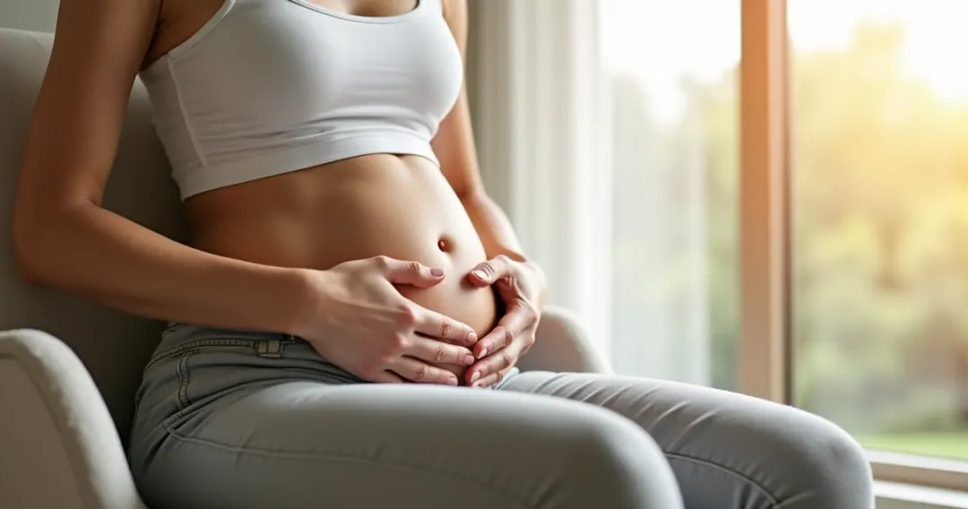 Mulher fazendo massagem circular leve no abdômen sentada 