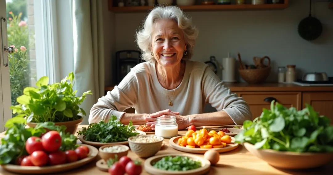 Mesa com alimentos naturais, legumes e frutas ao redor de uma mulher sorridente.