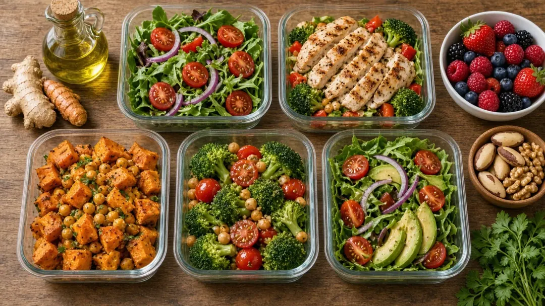 Mesa com refeições preparadas da semana: saladas, frango, batata-doce, leguminosas, azeite, gengibre e frutas