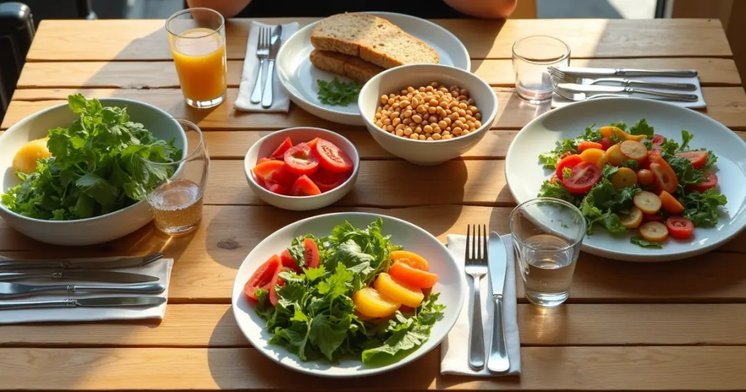 Mesa com alimentos coloridos para refeição equilibrada 