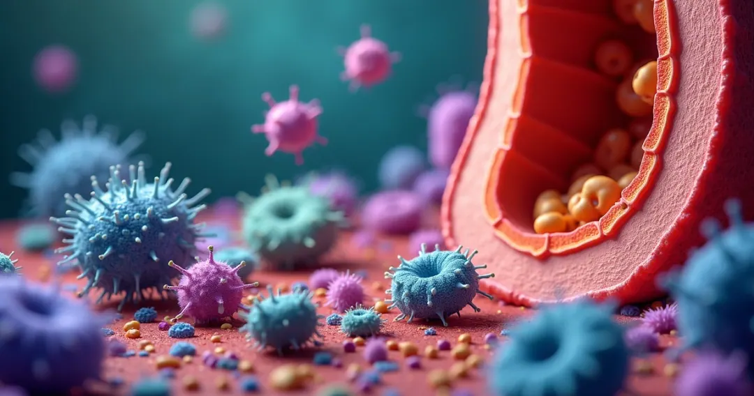Ilustração colorida da microbiota intestinal vista de perto