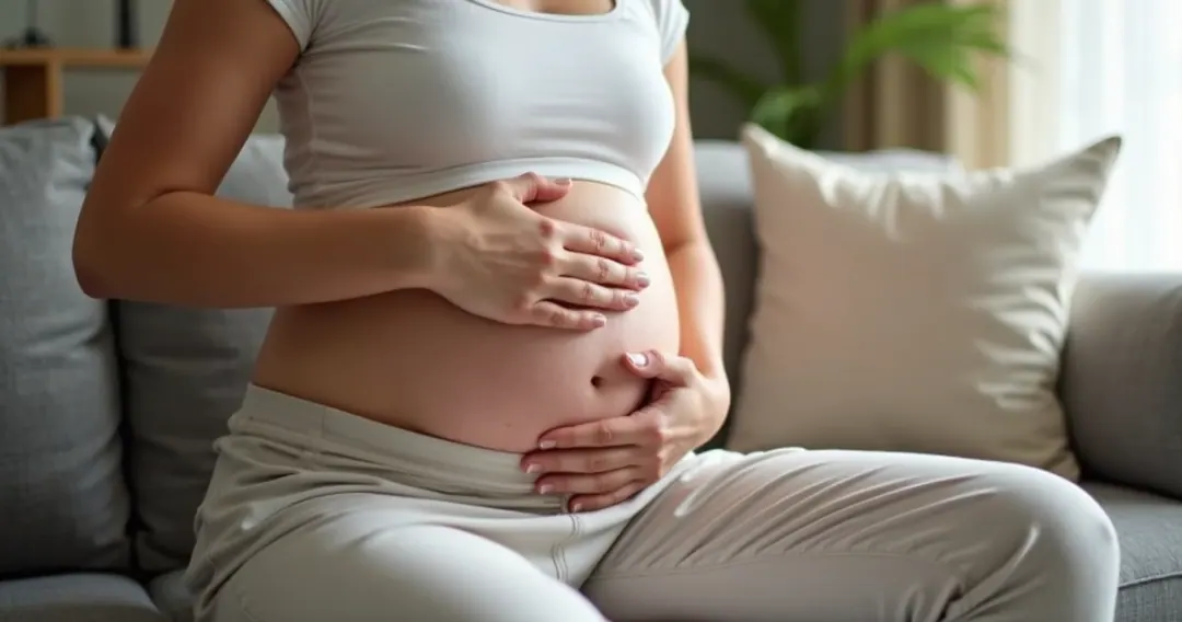 Mulher com mão no abdômen mostrando desconforto intestinal 