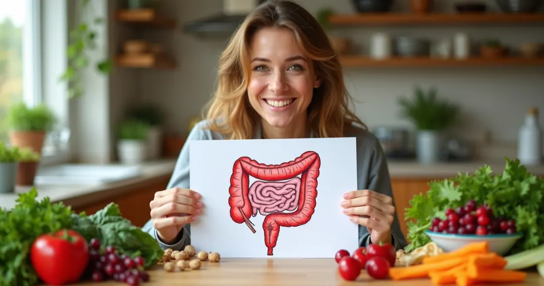 Mulher organizando alimentos frescos na cozinha, relacionando alimentação e saúde da mulher