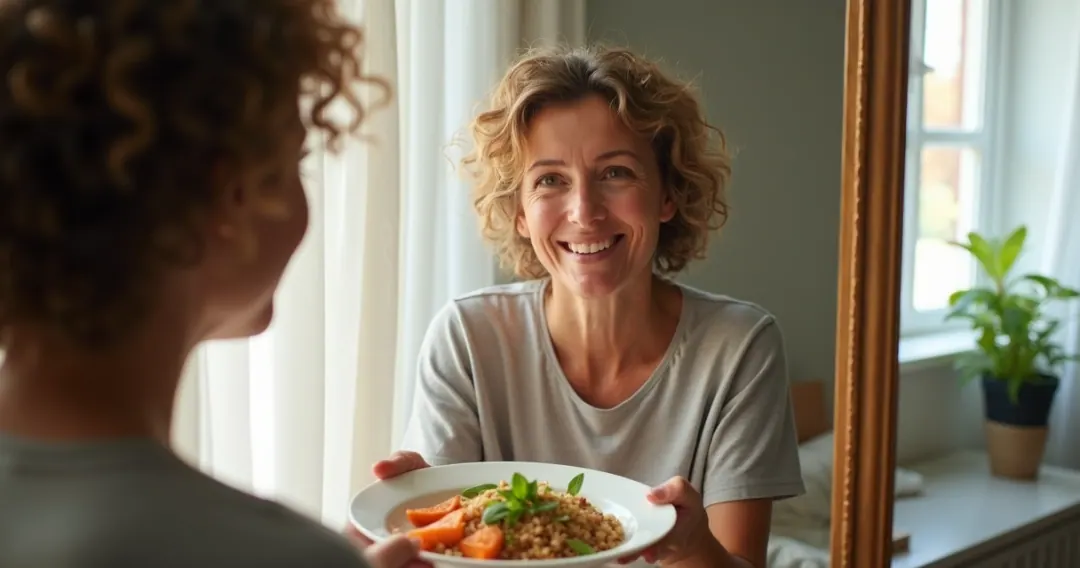 Mulher sorrindo olhando espelho segurando prato com comida saudável