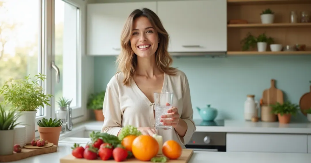 Mulher tomando água na cozinha com frutas e vegetais à mesa