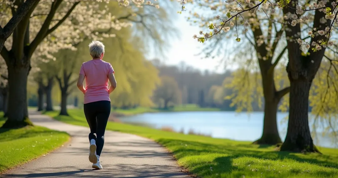 Mulher de meia-idade caminhando ao ar livre em parque 