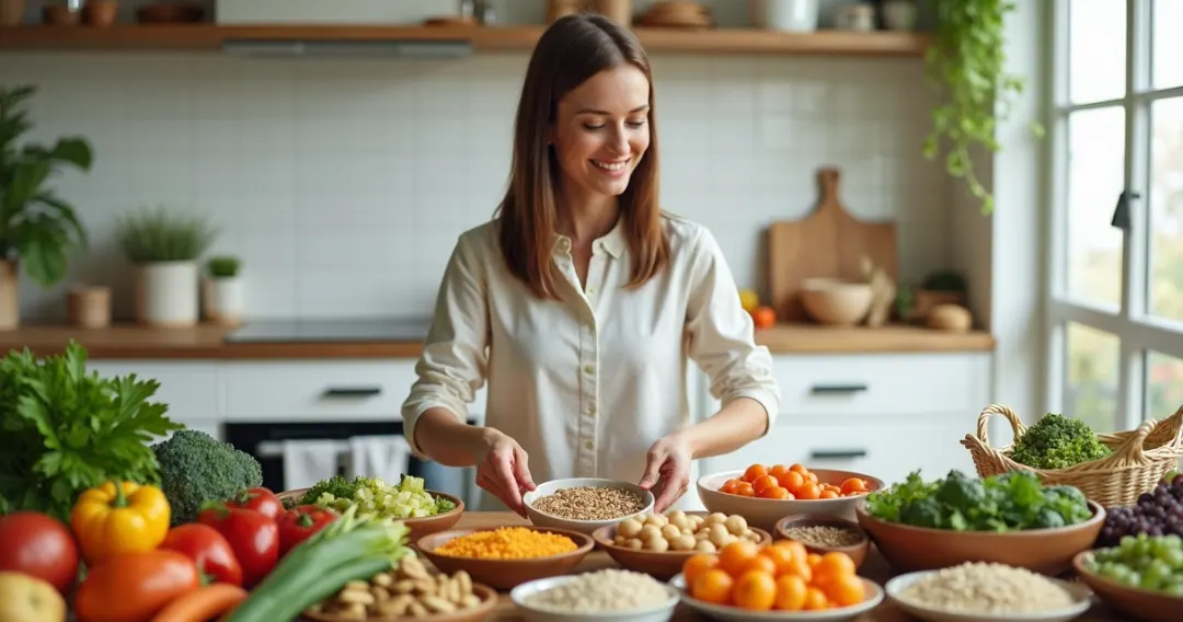Mulher jovem organizando pratos com alimentos saudáveis e coloridos