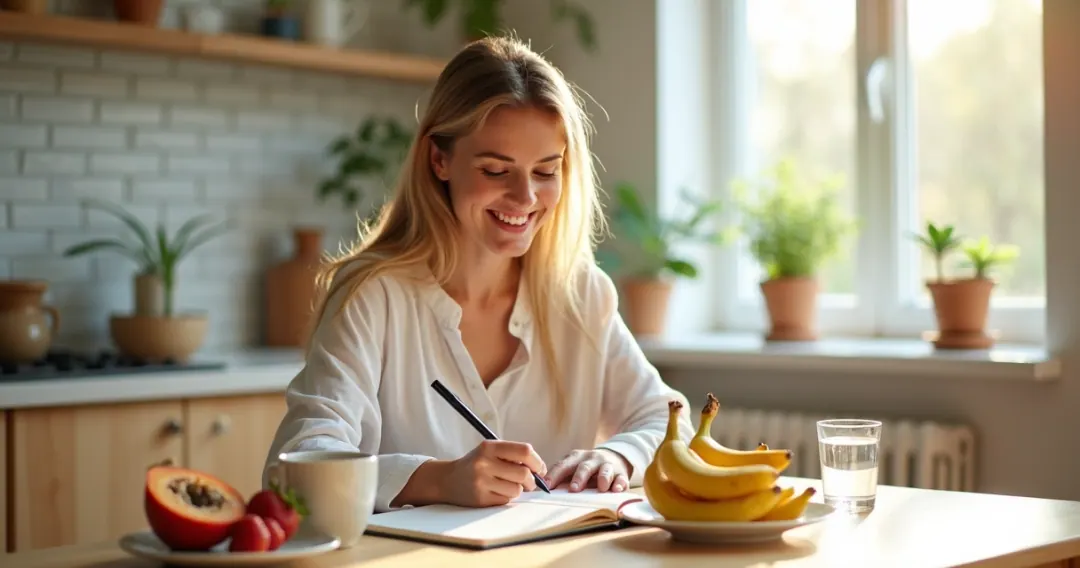 Mulher anotando diário alimentar na mesa com frutas e chá ao lado.