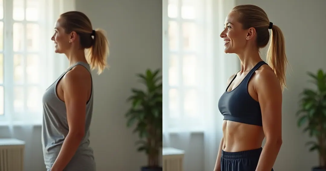 Duas imagens lado a lado mostrando mulher antes e depois de emagrecer, sorrindo com roupas diferentes