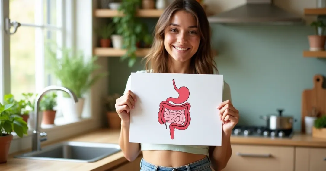 Mulher sorridente segurando desenho do intestino saudável