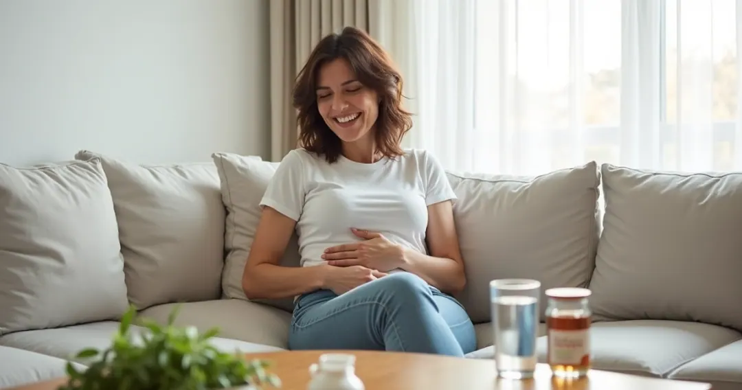 Mulher segurando o abdômen com expressão de alívio e bem-estar 