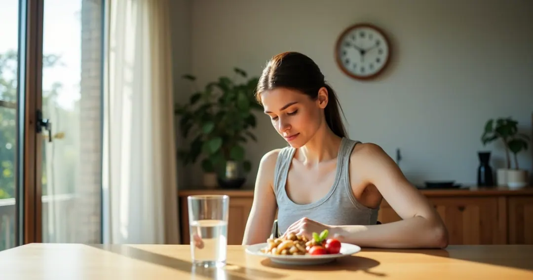 Mulher sentada à mesa olhando para um copo d’água, com relógio à vista, expressão neutra e alimentos saudáveis ao lado