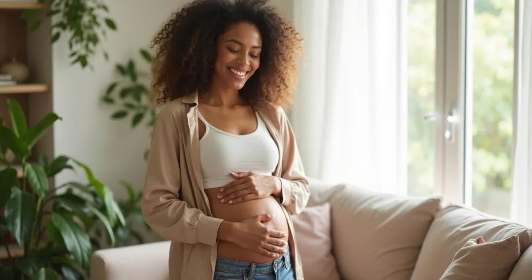 Mulher sorrindo aliviada com barriga mais lisa em ambiente aconchegante