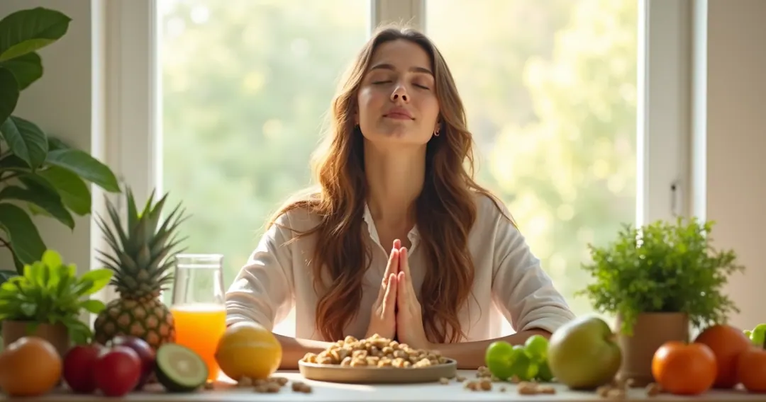 Mulher sentada à mesa com frutas, respirando fundo e relaxando