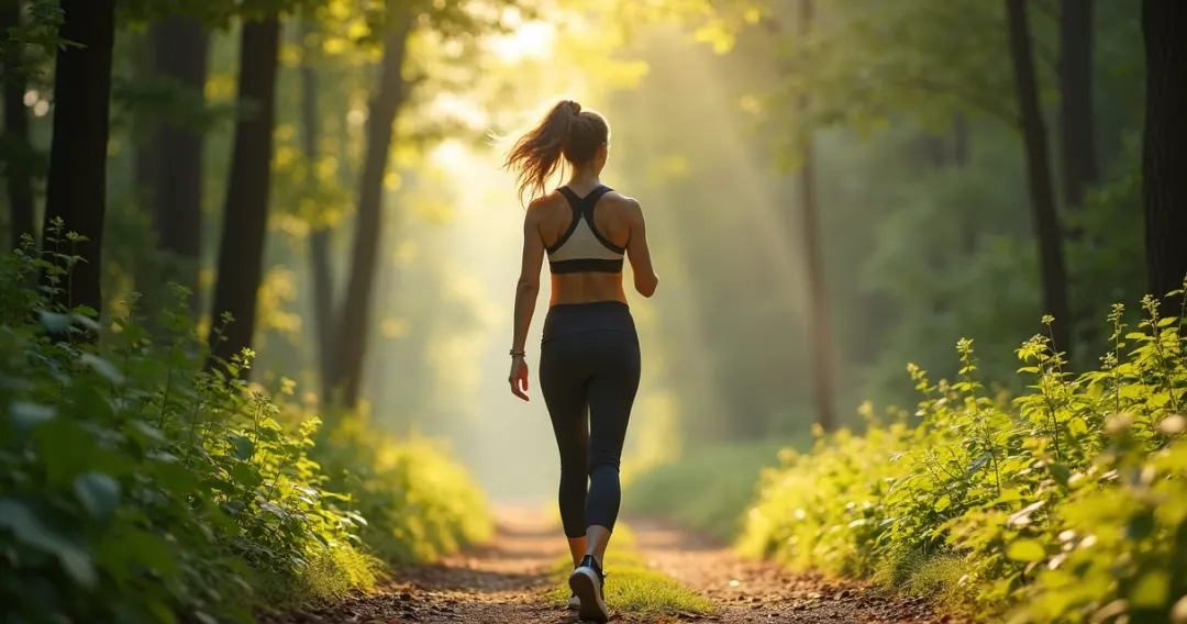 Mulher caminhando em trilha cercada de natureza e luz suave