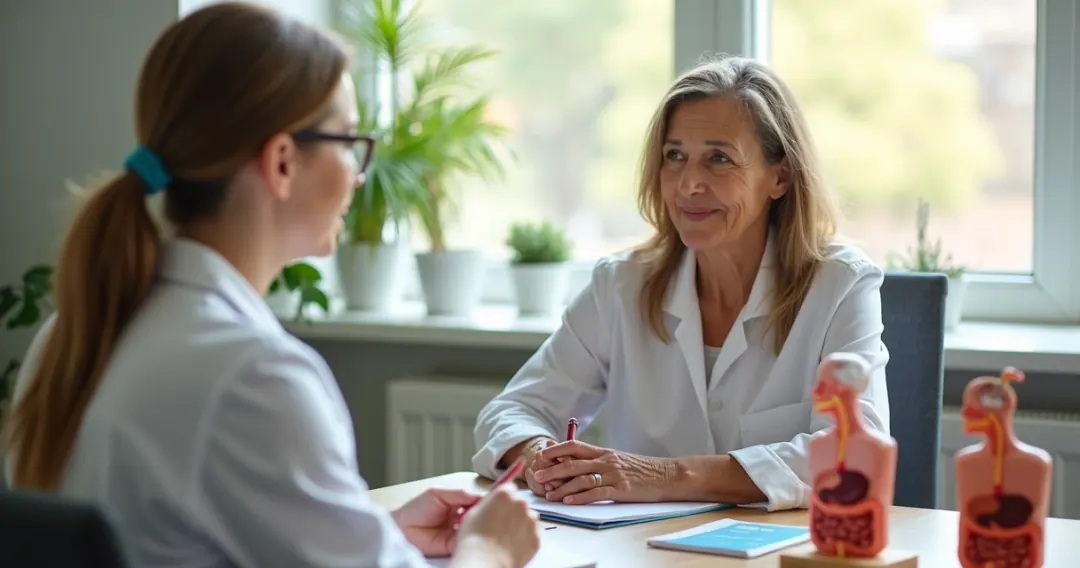 Mulher sentada a uma mesa, conversando com nutricionista sobre sintomas da perimenopausa 