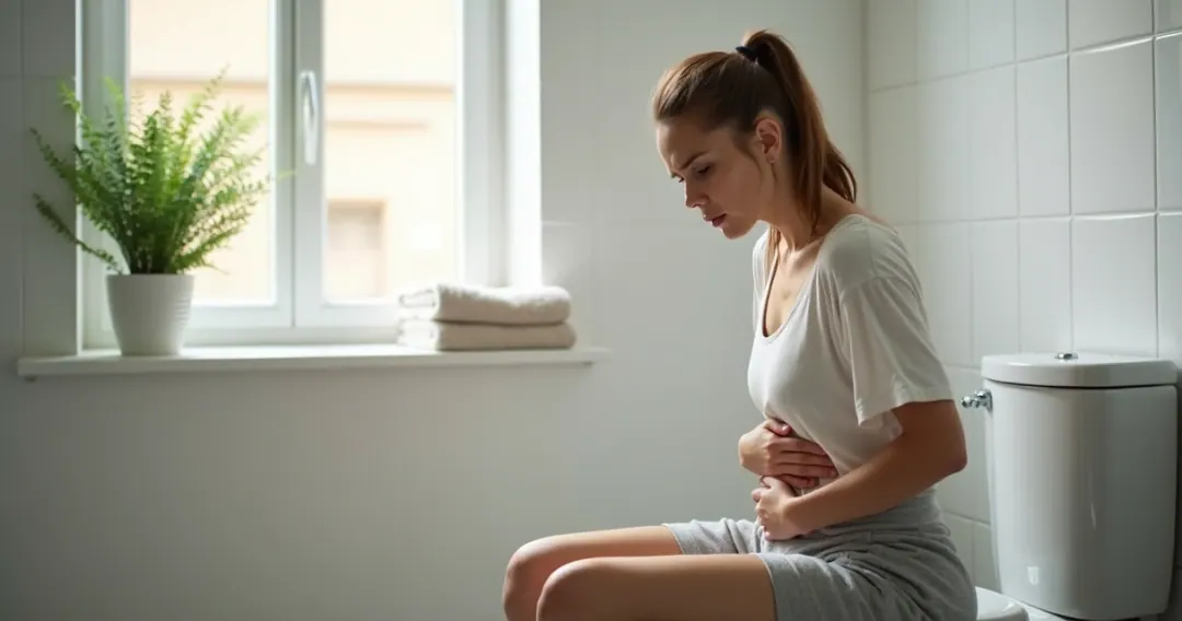 Mulher sentada no vaso sanitário com expressão de preocupação 