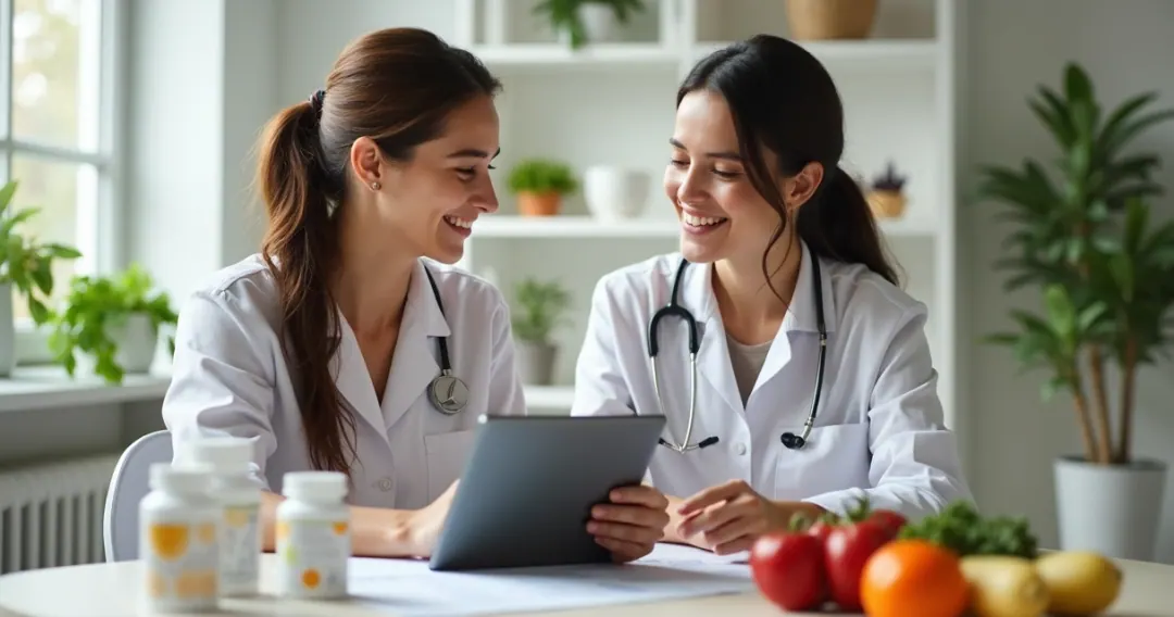 Nutricionista avaliando paciente com doenças autoimunes em ambiente acolhedor 