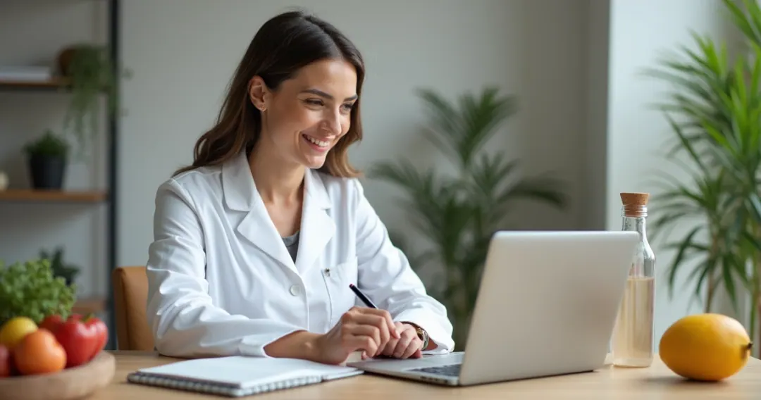 Nutricionista sorridente atendendo paciente por chamada de vídeo